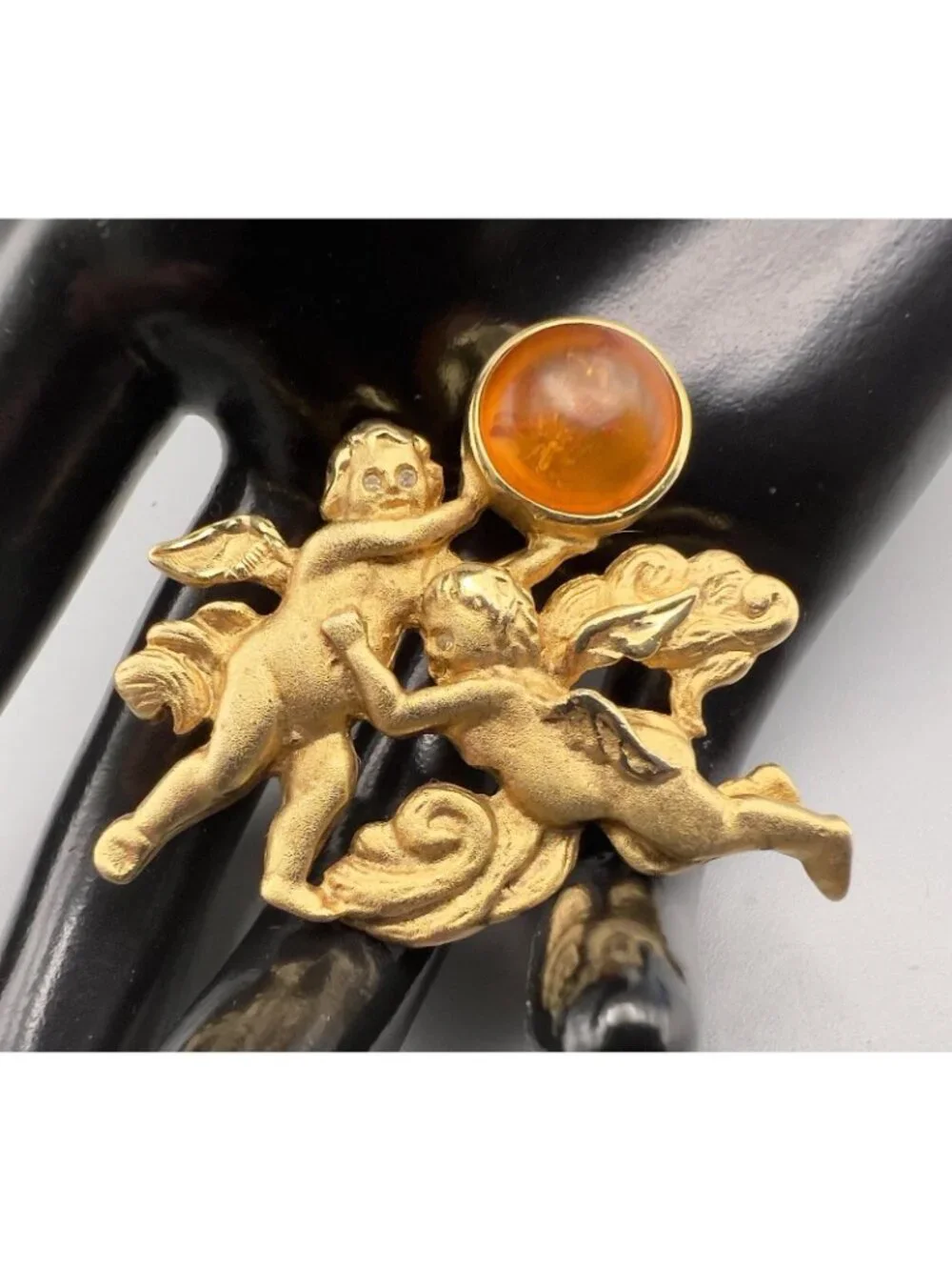 Vintage Signed LS Louis Stern Cherub Angel Brooch Gold Tone Amber Cabochon Pin